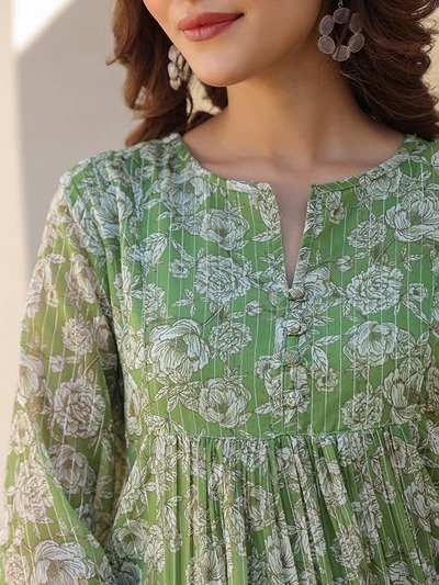 Janasya Women's Green Chiffon Lurex Floral Printed A-line Kurta - Image 8