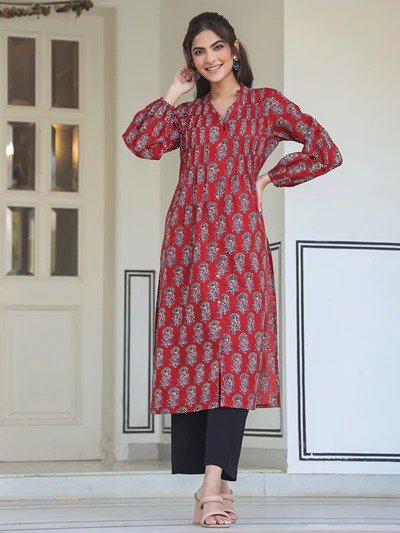 Maroon Cotton Floral Print Flared Kurta - Image 2