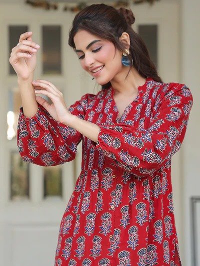 Maroon Cotton Floral Print Flared Kurta