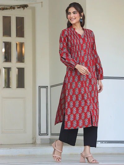 Maroon Cotton Floral Print Flared Kurta - Image 5