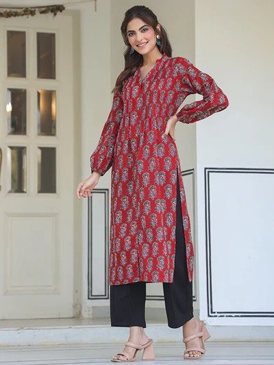 Maroon Cotton Floral Print Flared Kurta - Image 6