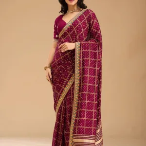 Wine Soft Raw Silk Bandhej Gold Zariwork Saree With Matching Blouse Piece