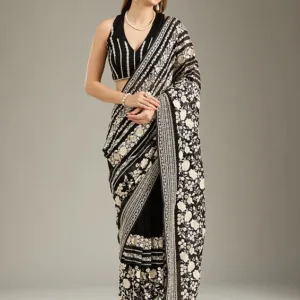 Black Georgette Threadwork Saree With Matching Blouse Piece