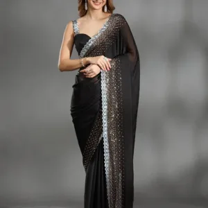 Black Satin Gold Stonework Saree With Matching Blouse Piece