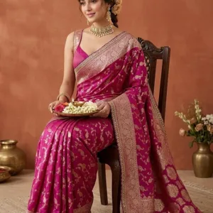 Wine Silk Banarasi Gold Stonework Saree With Matching Blouse Piece