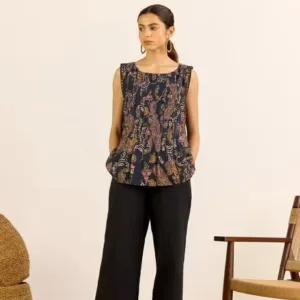 Navy Blue Paisley Printed Sleeveless Pleated Top