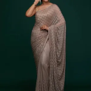 Mauve Satin Pearlwork Saree With Matching Blouse Piece