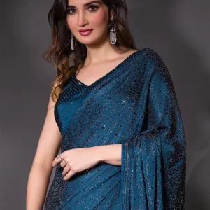 Peacock Blue Satin Silver Stonework Saree With Matching Blouse Piece