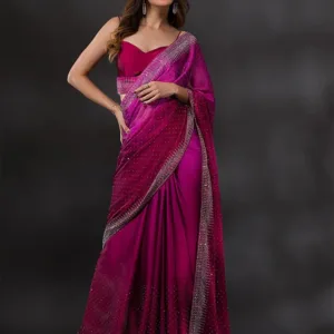 Wine Satin Silver Stonework Saree With Matching Blouse Piece