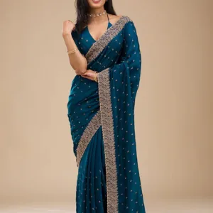 Navy Blue Soft Raw Silk Gold Zariwork Saree With Matching Blouse Piece